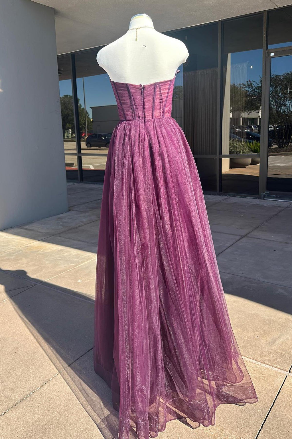 Shimmery Purple Tulle A-line Sweetheart Strapless Zipper Back Long Prom Dress