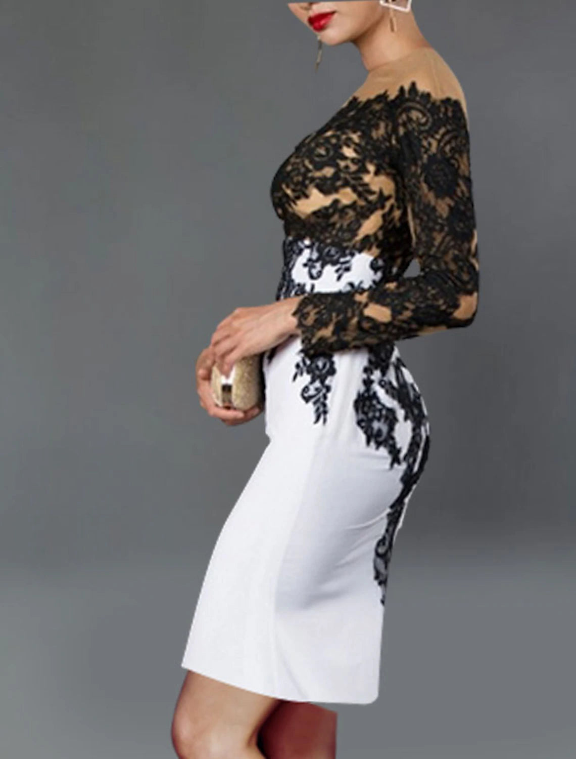 Sheath / Column Cocktail Black Dress Plus Size Elegant Dress Fall Wedding Guest Dress For Mother ColorBlock Tea Length Long Sleeve Off Shoulder  Crepe with Appliques