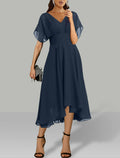 JiMiss Tea-Length Chiffon Wedding Guest Dress with V-Neck