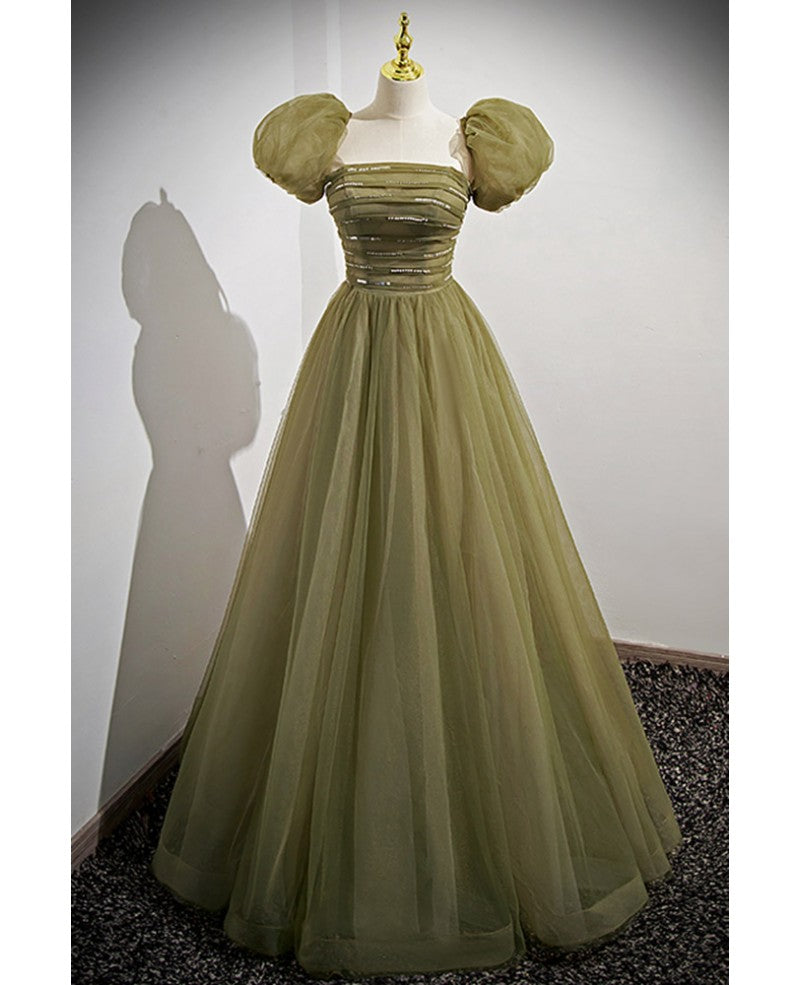 Vestido de noche sencillo y minimalista con escote cuadrado en verde trébol, de manga corta, con lentejuelas y escote esponjoso, corte princesa, sin espalda y largo hasta el suelo.