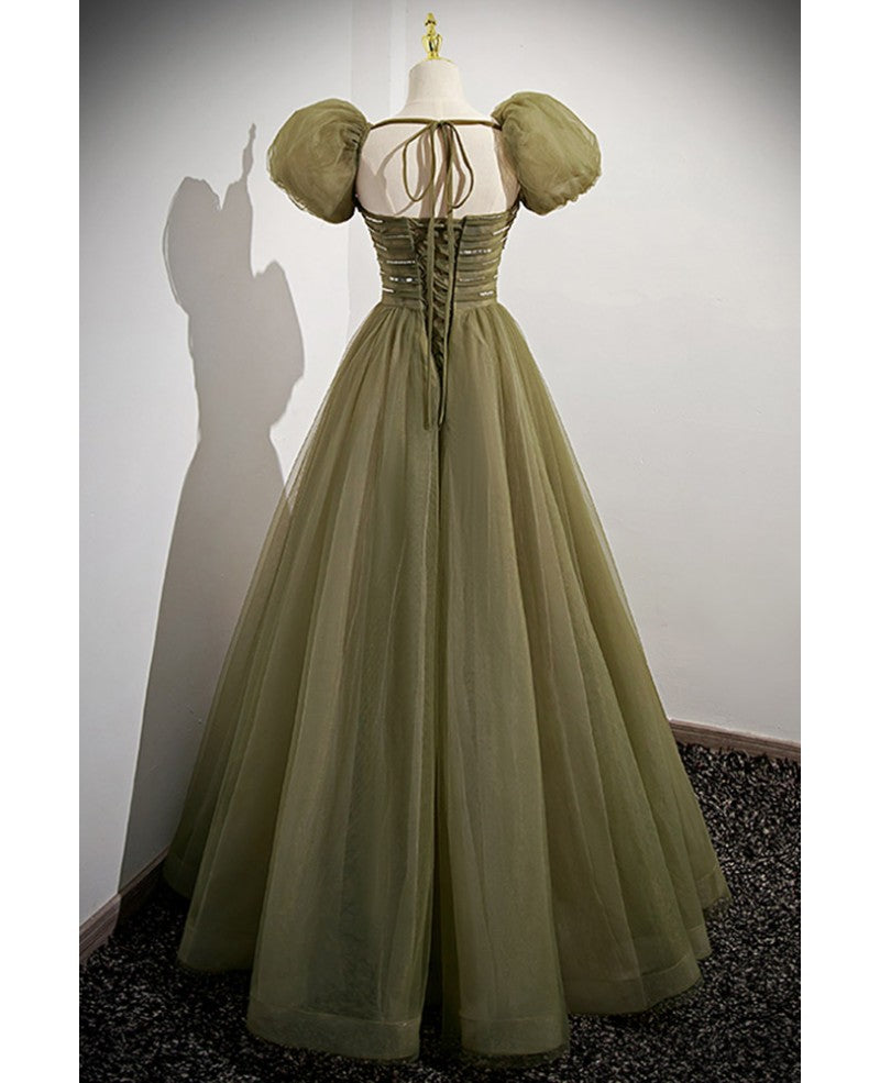 Vestido de noche sencillo y minimalista con escote cuadrado en verde trébol, de manga corta, con lentejuelas y escote esponjoso, corte princesa, sin espalda y largo hasta el suelo.
