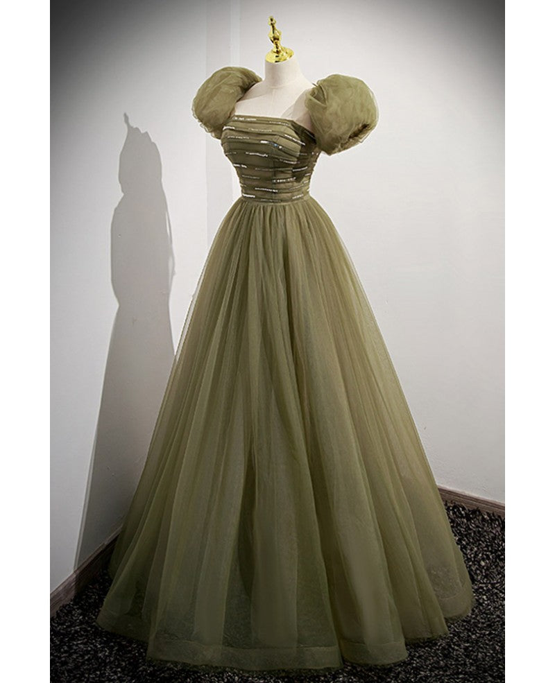 Vestido de noche sencillo y minimalista con escote cuadrado en verde trébol, de manga corta, con lentejuelas y escote esponjoso, corte princesa, sin espalda y largo hasta el suelo.
