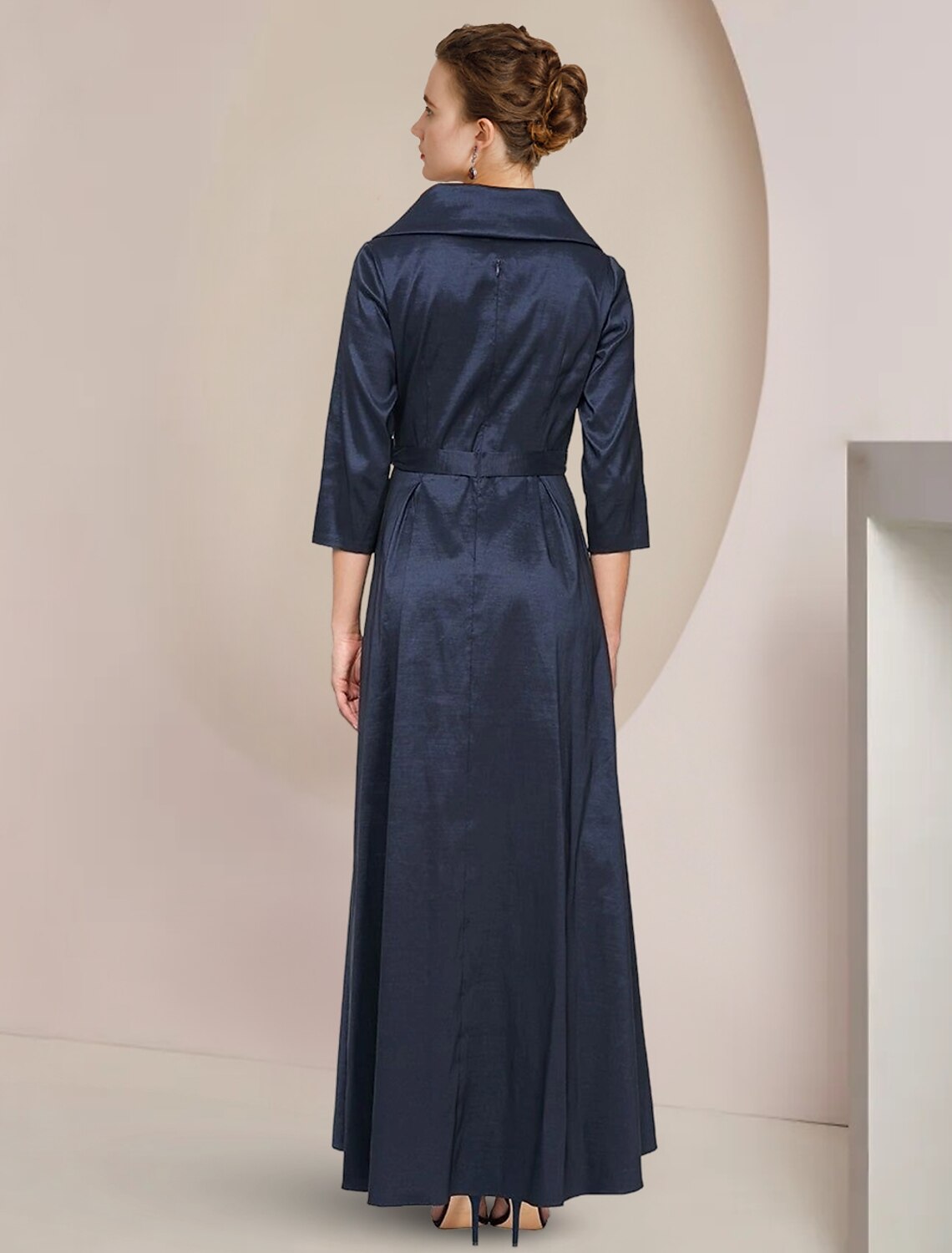 Abito da cerimonia per la madre della sposa, a trapezio, elegante, con colletto a camicia, asimmetrico, lunghezza alla caviglia, in taffetà, manica corta con fiocco/i