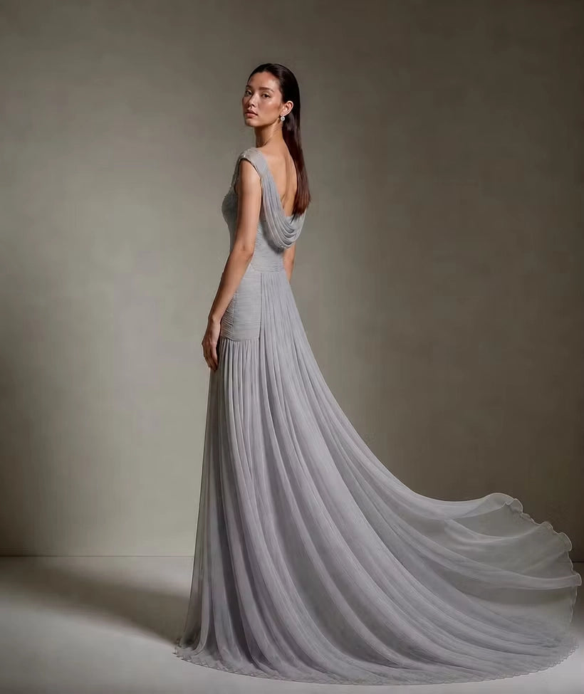 Grey Chiffon sheath-column cowl-neck low-back floor-length Dress Back View - Jimiss