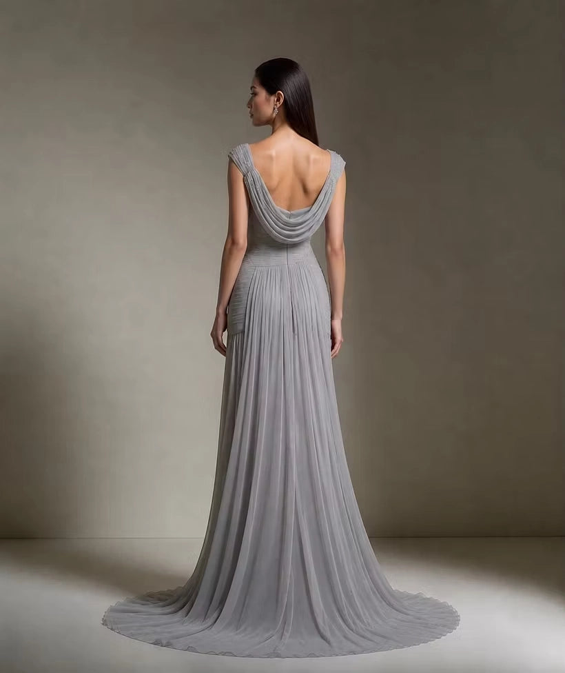 Grey Chiffon sheath-column cowl-neck low-back floor-length Dress Back View - Jimiss