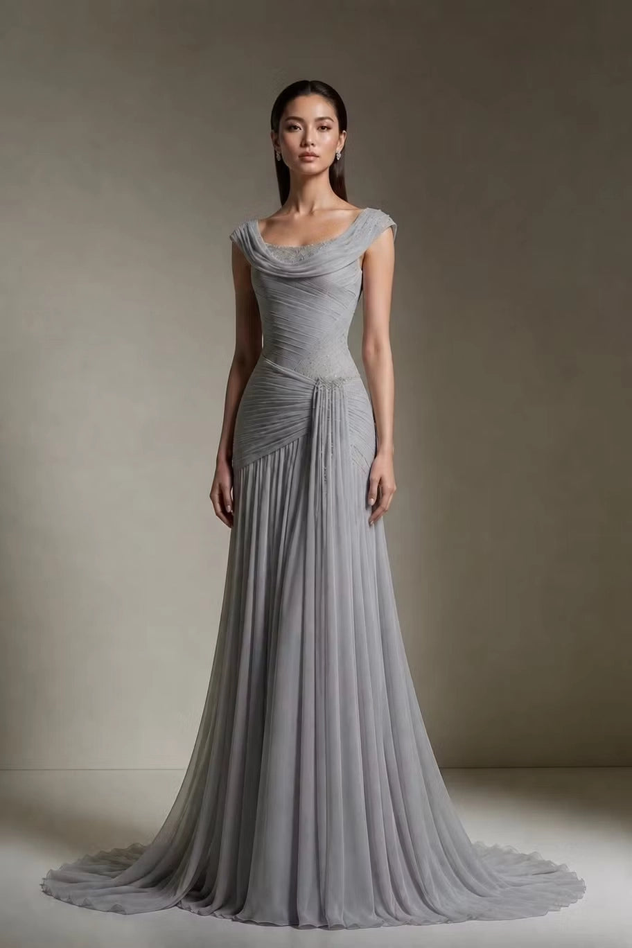 Grey Chiffon sheath-column cowl-neck low-back floor-length Dress Front View - Jimiss