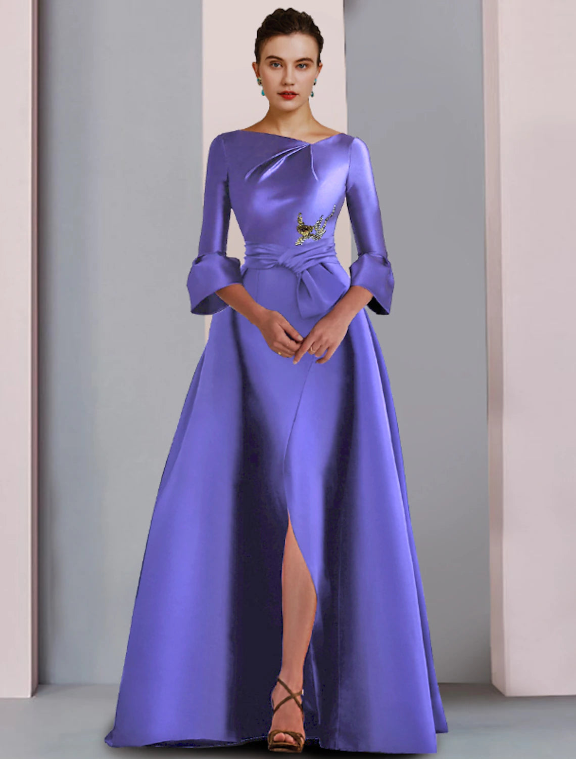Lilac Satin A-Line Floor-Length Evening Dress with Draped Bodice & Bell Sleeves