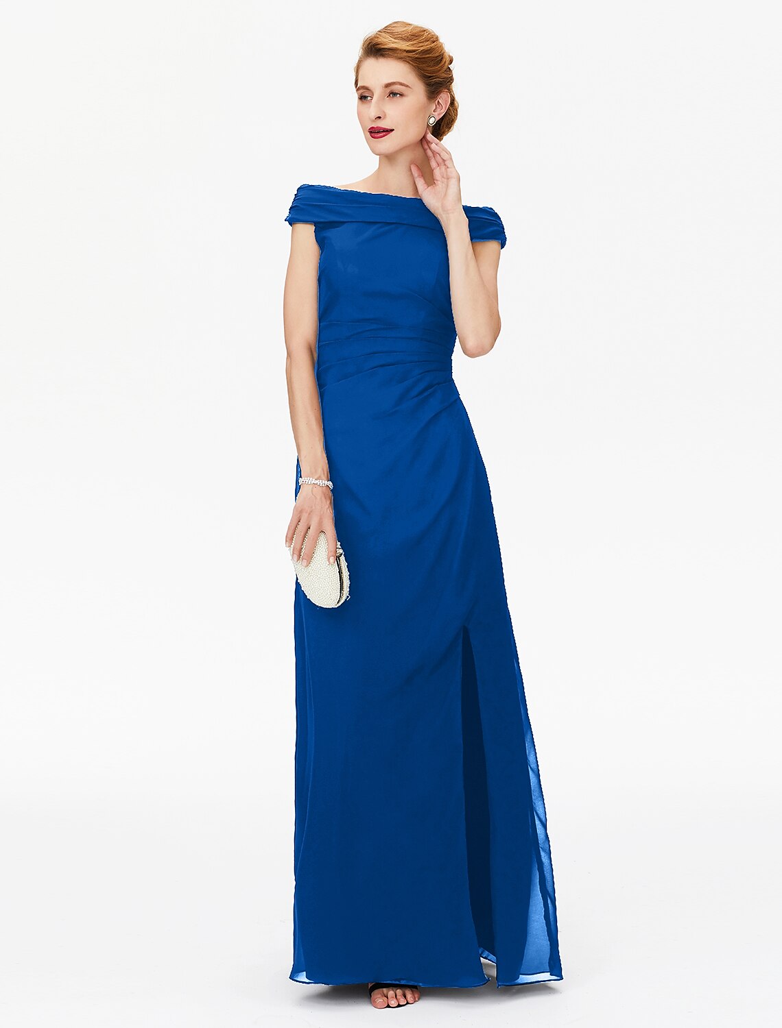 Vestido de madre de la novia con corte tubo/columna, hombros descubiertos, largo hasta el suelo, gasa, manga corta, sin mangas, con pliegues y abertura frontal