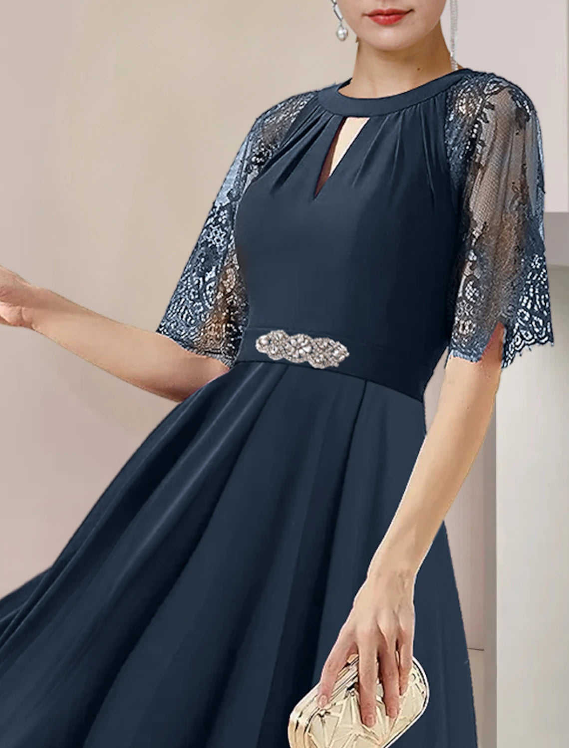 Dark Navy Chiffon A-Line High-Low Dress with Keyhole Neck and Lace Sleeves