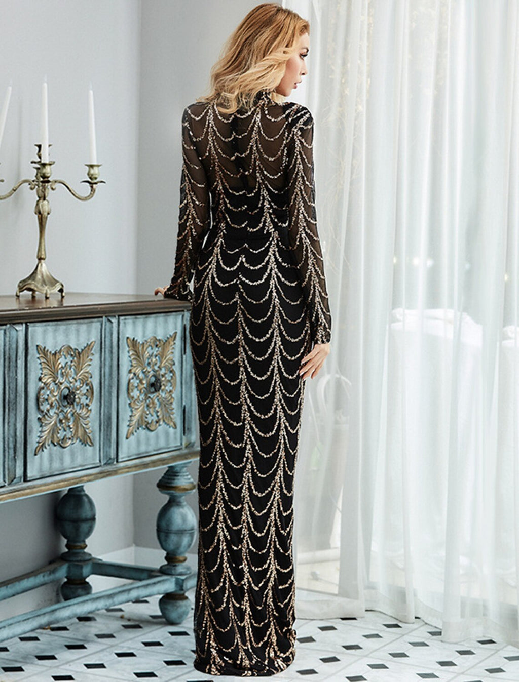 Black Sequin Sheath/column Floor-Length Evening Dress