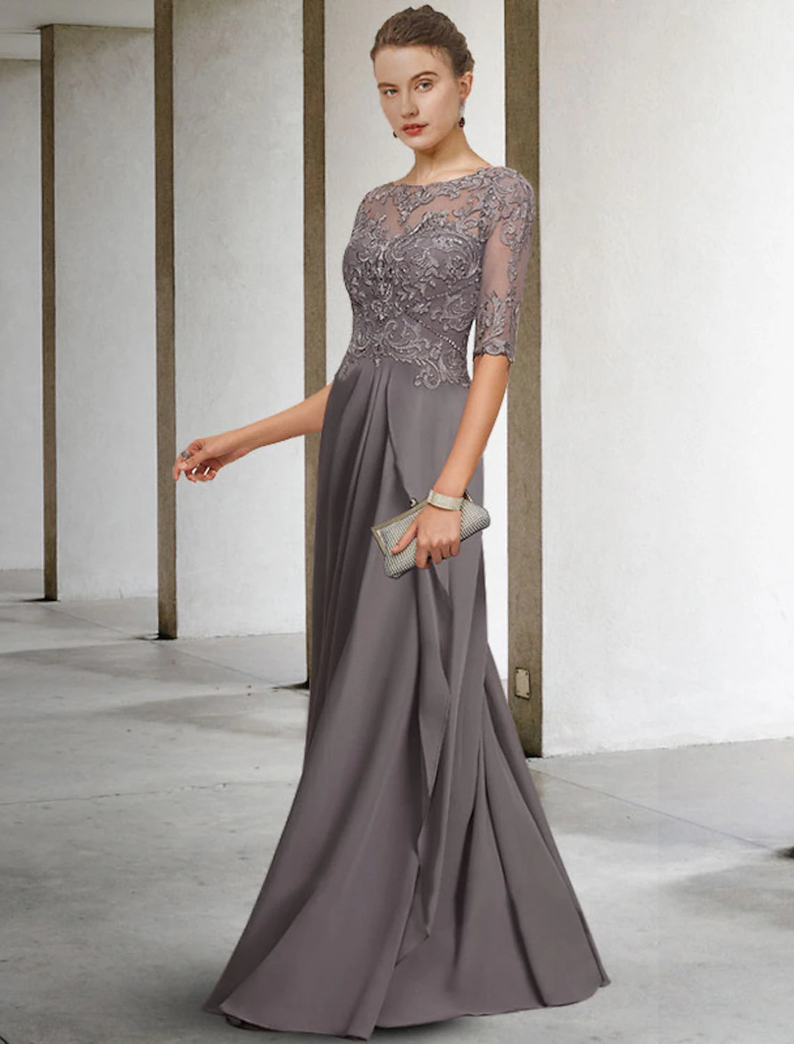 Grey Chiffon A-Line Floor-Length Evening Dress with Boat Neck and Lace Bodice