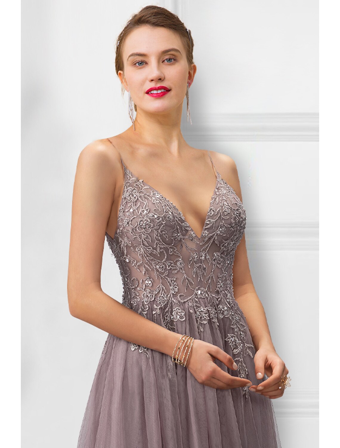 Abiti da ballo a trapezio, abiti floreali, abiti da festa, lunghezza pavimento, senza maniche, spalline sottili, in tulle con spacco