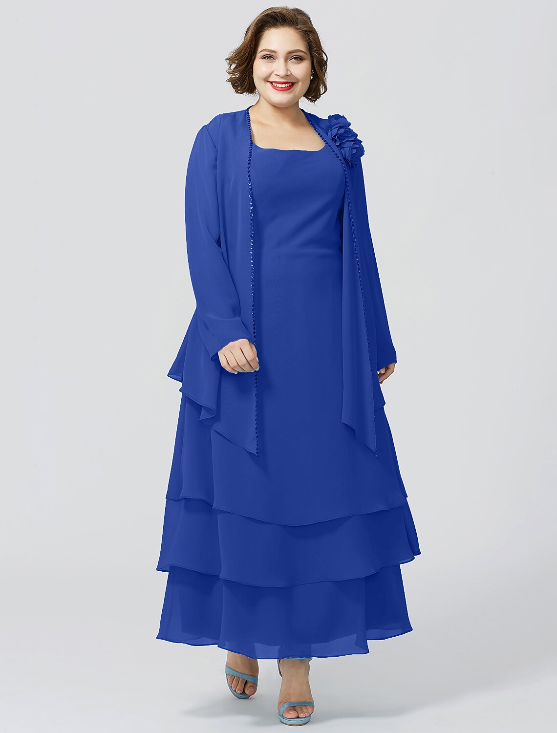 Abito da madre della sposa a trapezio, elegante, taglie forti, con scollo a barchetta, lunghezza alla caviglia, in chiffon, senza maniche, con pizzo