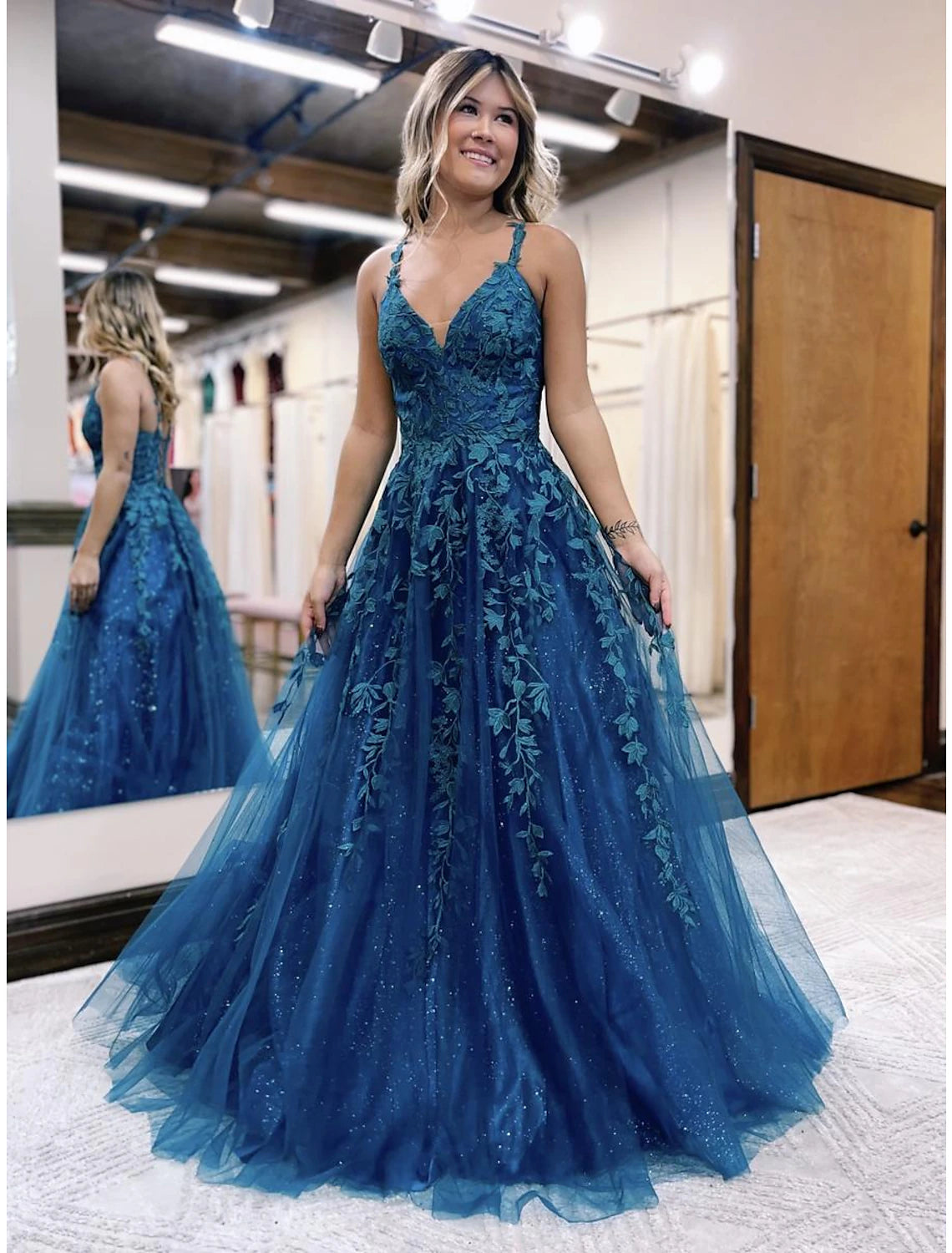 Teal Tulle A-Line Floor-Length V-Neck Dress with Lace Appliques & Glitter Tulle