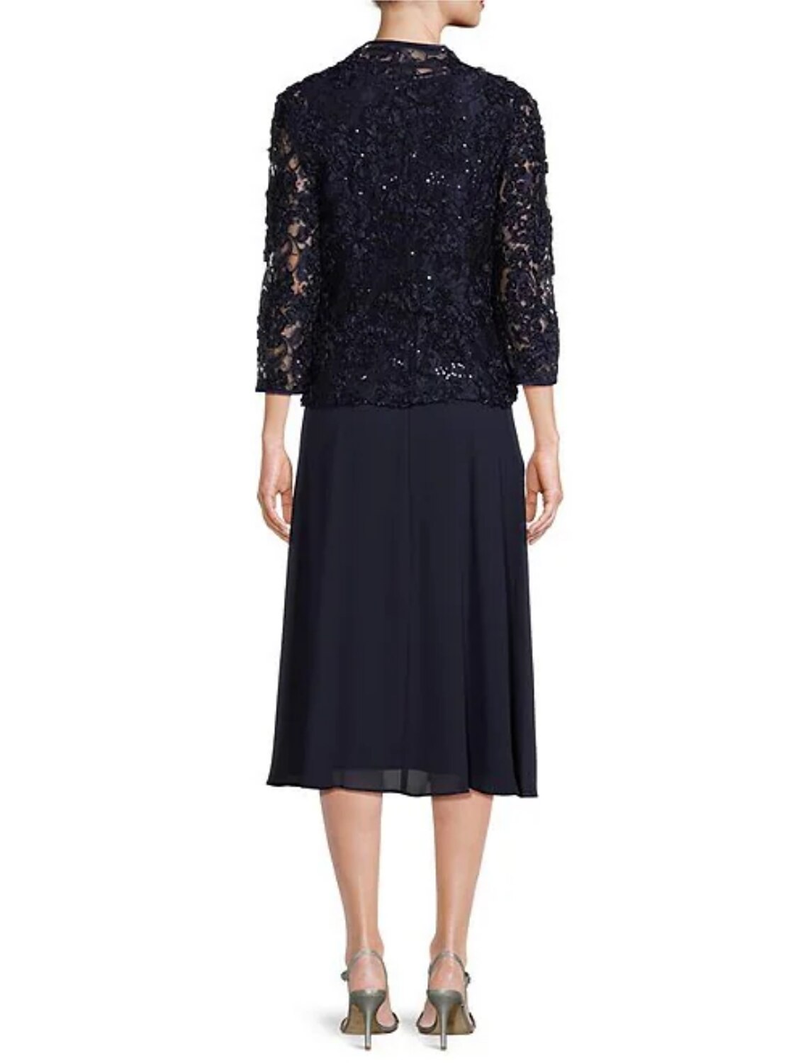 Abito da cerimonia per la madre della sposa, a trapezio, elegante, in chiffon, con scollo a barchetta, lunghezza tè, maniche a 3/4, con pieghe e spilla di cristallo