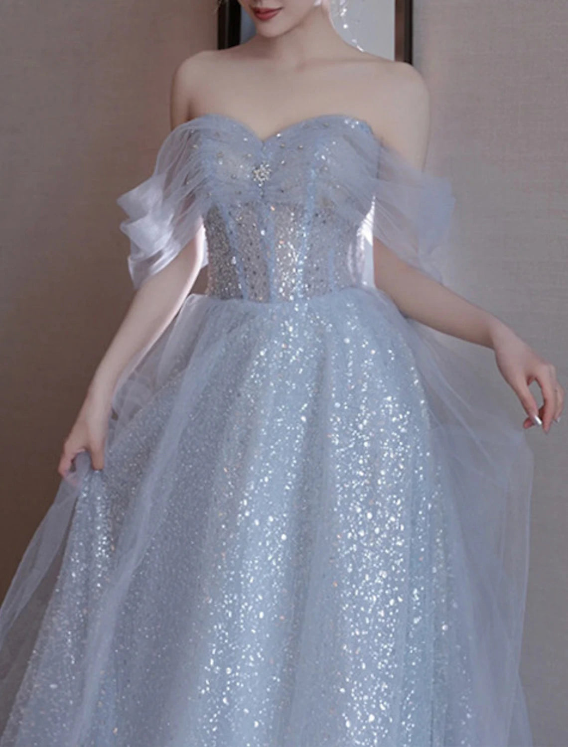 Abiti da festa a trapezio, scintillanti e brillanti, per invitati a matrimoni, balli di fine anno, lunghezza al pavimento, senza maniche, spalle scoperte, paillettes con paillettes