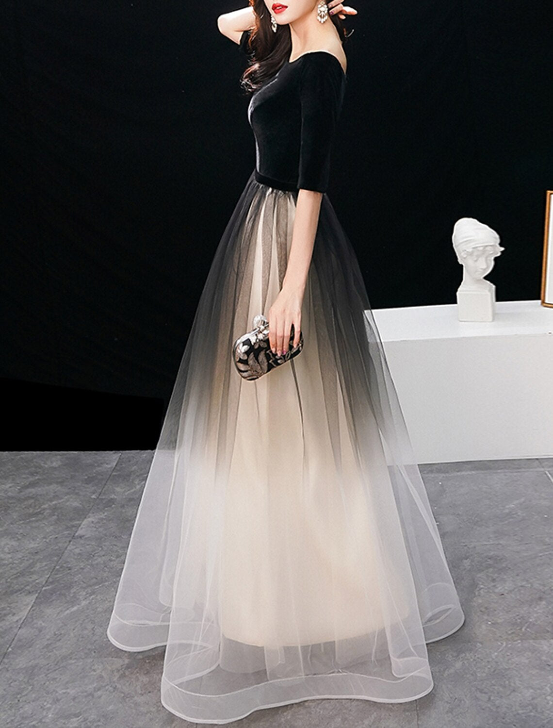 Black Velvet Tulle Off-the-Shoulder A-Line Floor-Length Evening Dress