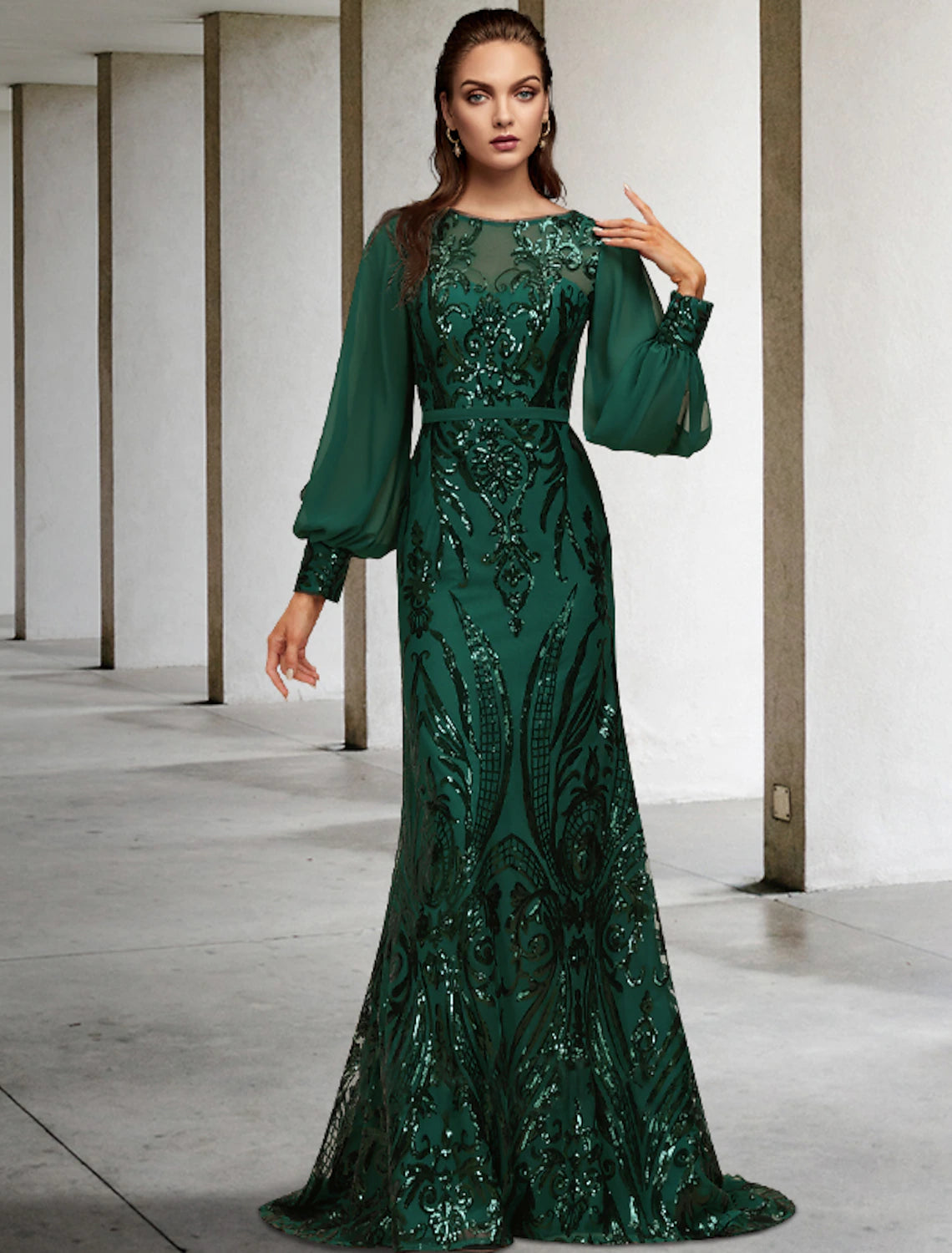 Emerald Sequin Floor-Length Evening Dress with Bishop Sleeves