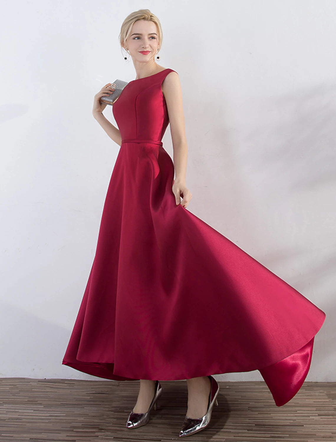 Burgundy Satin A-Line Tea-Length Dress with Boat Neck