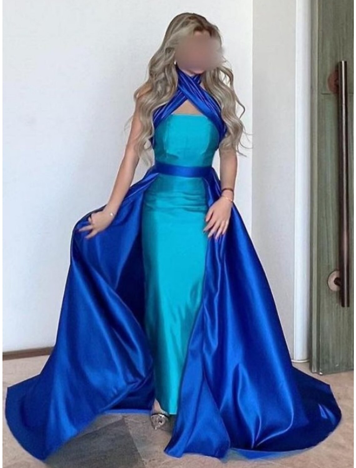 Royal Blue Satin A-Line Floor-Length Evening Dress with Halter Neckline & Backless Design