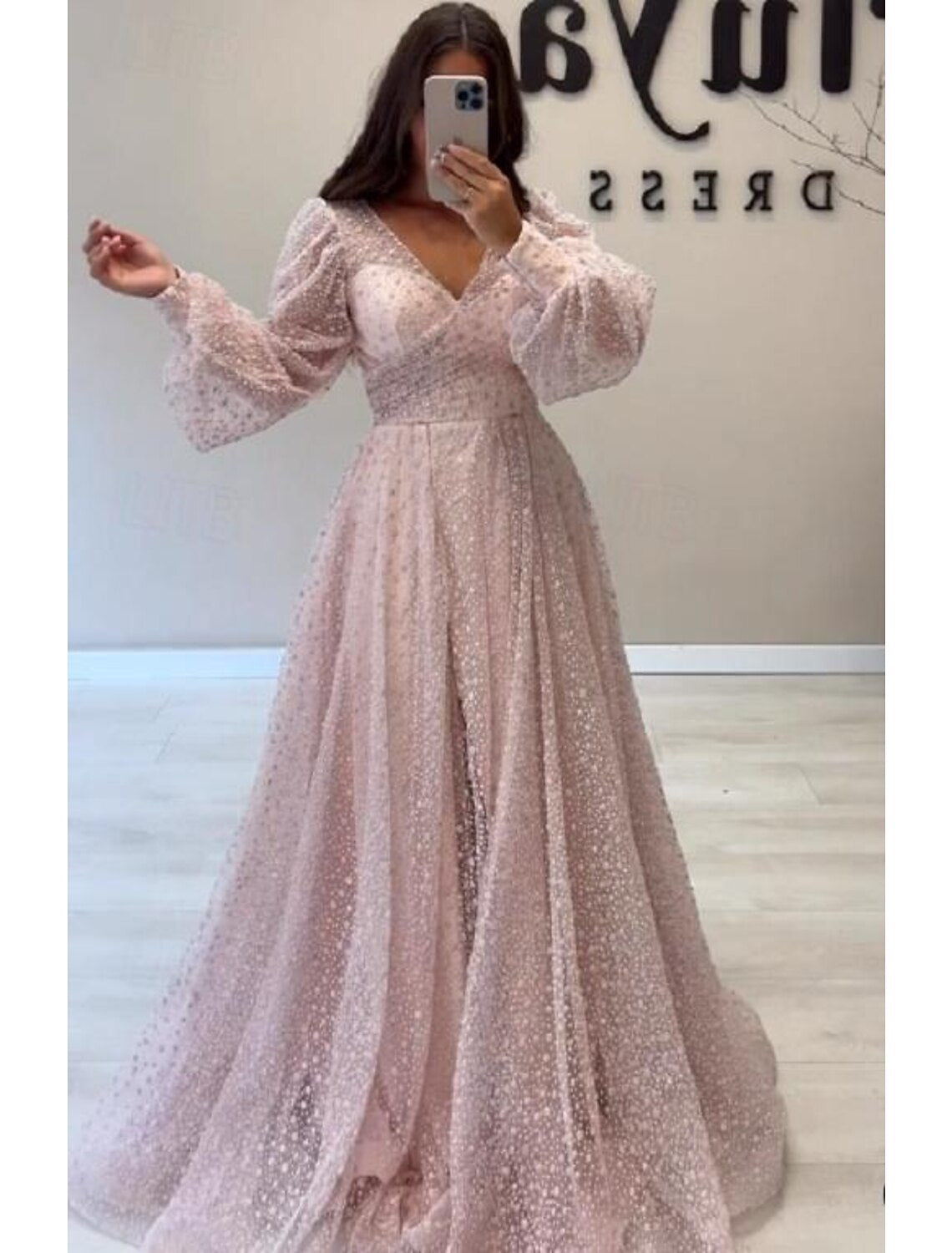 A-Line Prom Dresses Elegant Dress Formal Prom Floor Length Long Sleeve V Neck Sequined with Glitter Sequin