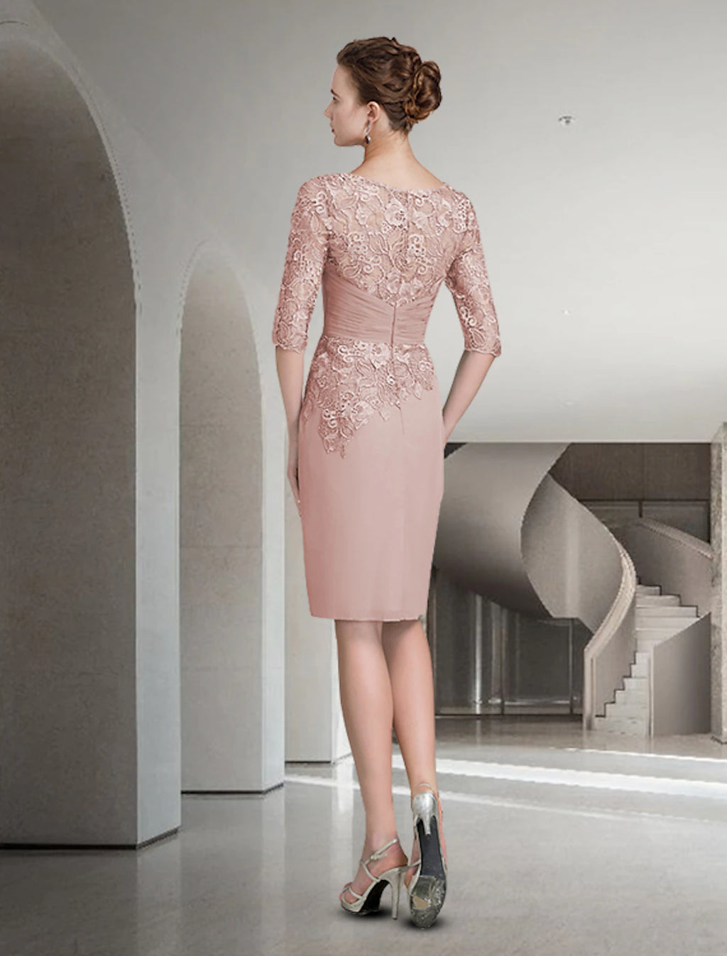 Dusty Rose Lace & Chiffon Sheath/column Knee-Length Scoop Neck Dress
