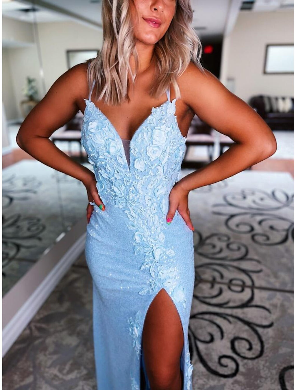Sky Blue Sequin Mesh V-Neck Floor-Length Sheath/column Dress