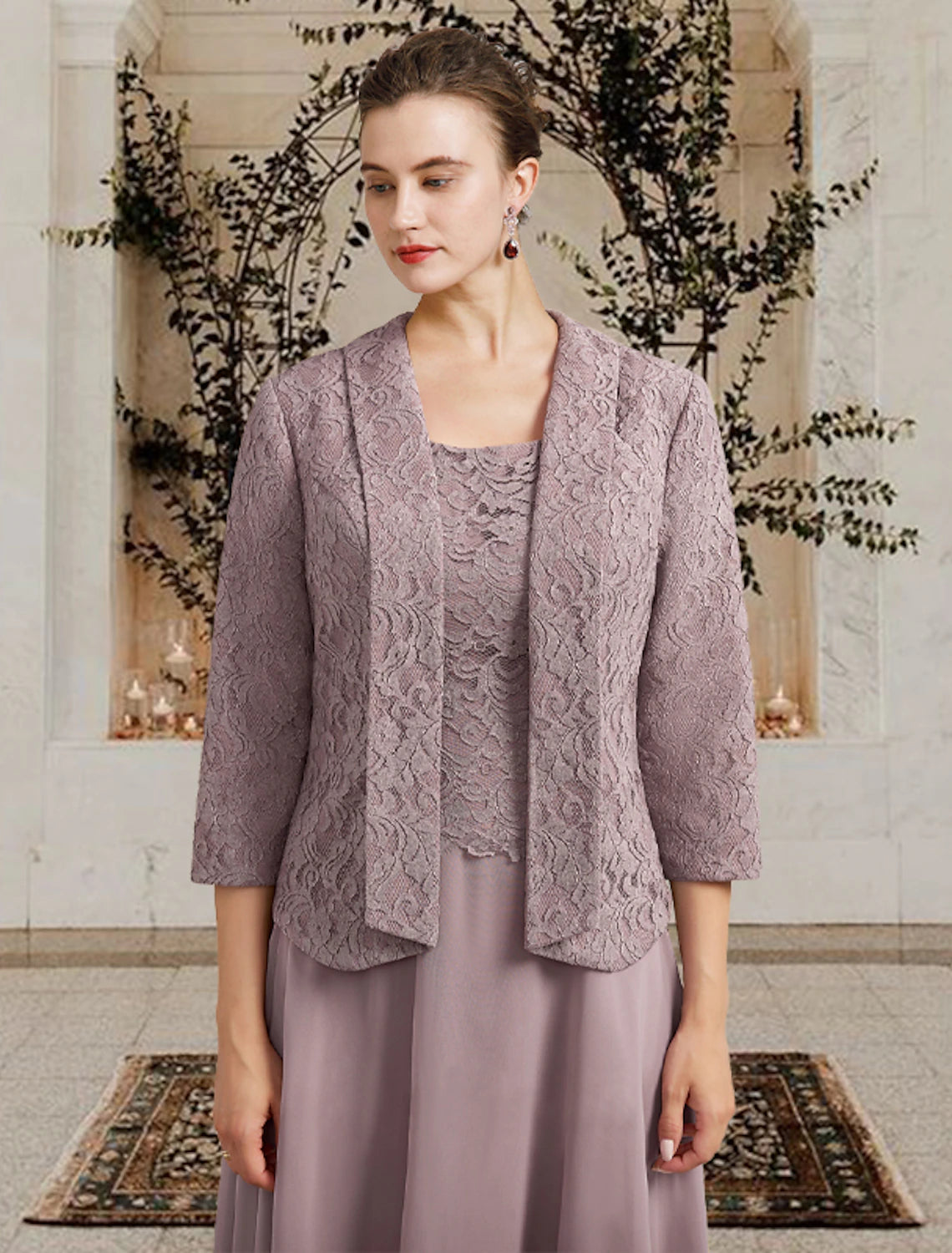 Vestido de dos piezas de corte A para madre de la novia, elegante, estilo iglesia, cuello joya, largo hasta el suelo, largo hasta la rodilla, de gasa, con encaje, sin mangas, chaqueta corta, vestidos con volantes y apliques