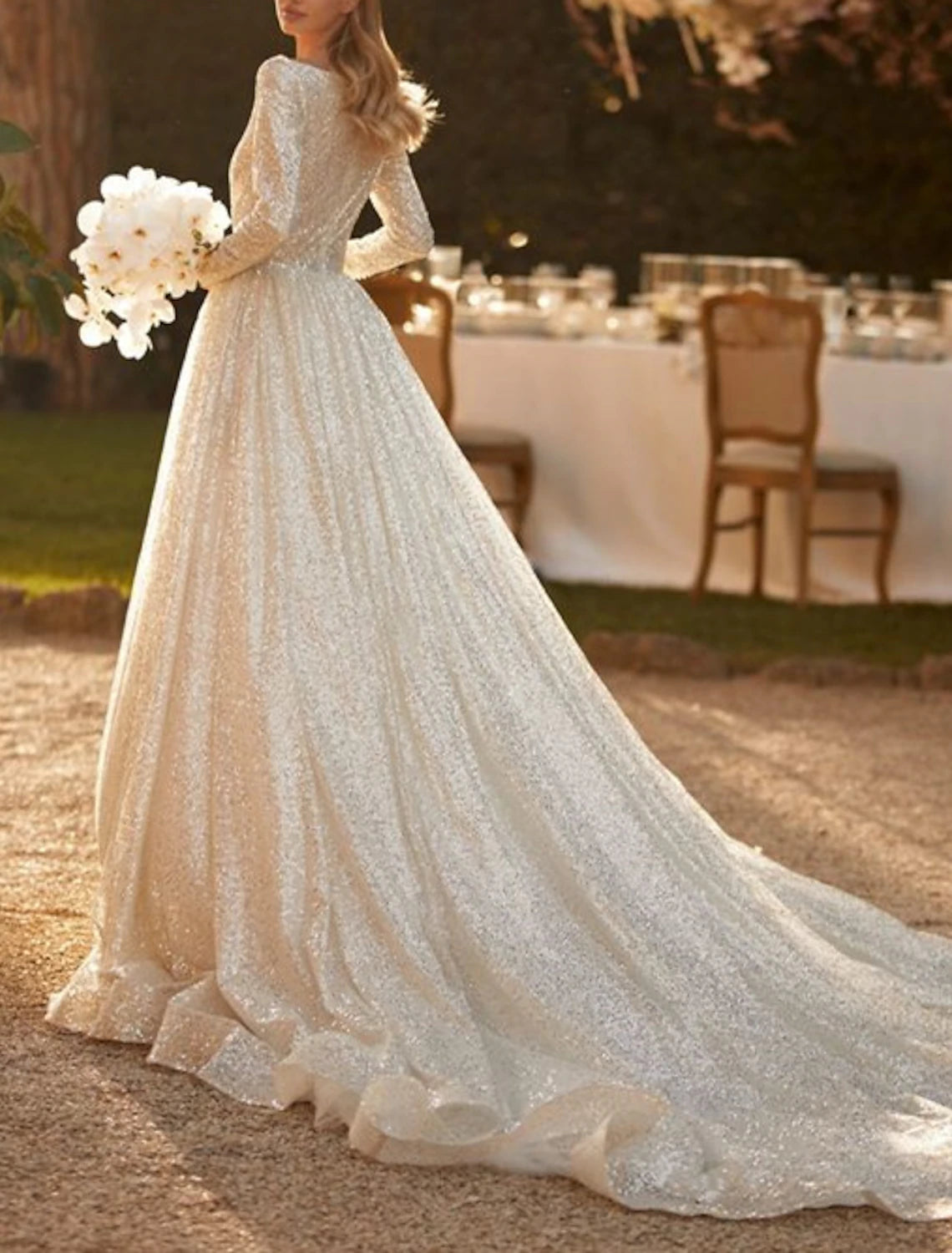 Vestidos de novia formales de compromiso con brillo y brillo, vestido de fiesta, escote redondo, manga larga, cola capilla, vestidos de novia con lentejuelas y color sólido