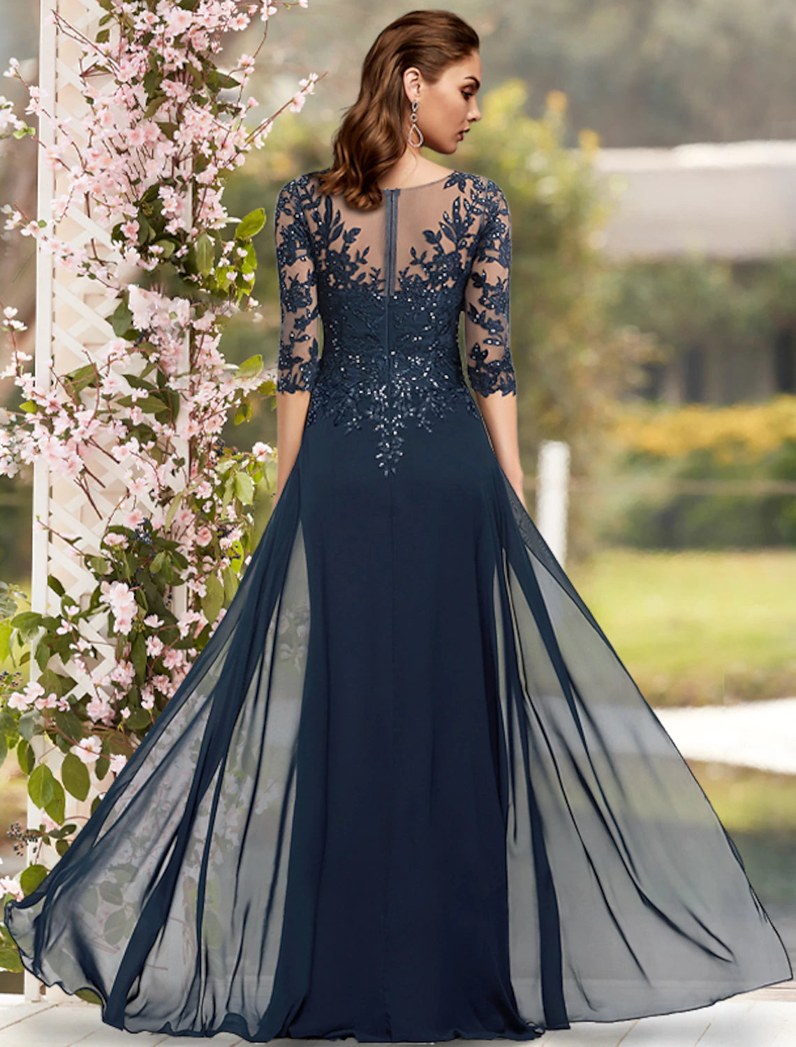 Vestido elegante para madre de la novia, con corte en V, brillo y columna, largo hasta el suelo, de gasa, encaje, mangas 3/4 con apliques de lentejuelas