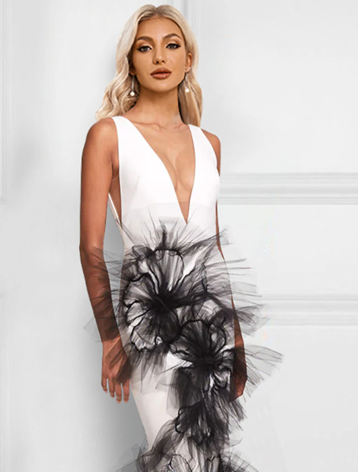 White Mermaid Floor-Length Dress with Plunging V-Neck and Voluminous Tulle Ruffles