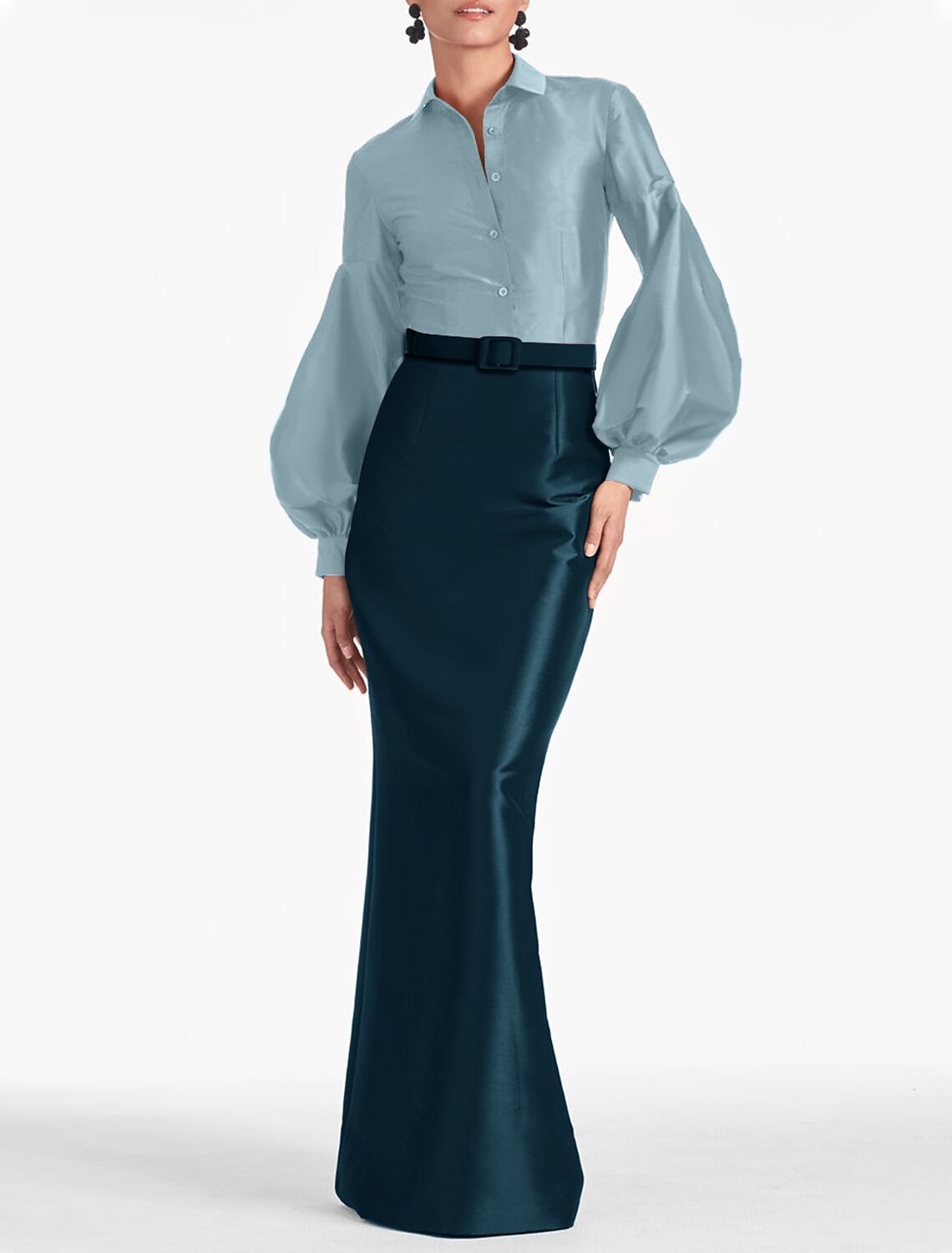 Vestido de noche elegante de sirena/trompeta, negro, formal, otoño, largo hasta el suelo, manga larga, cuello camisero, satén con tiras