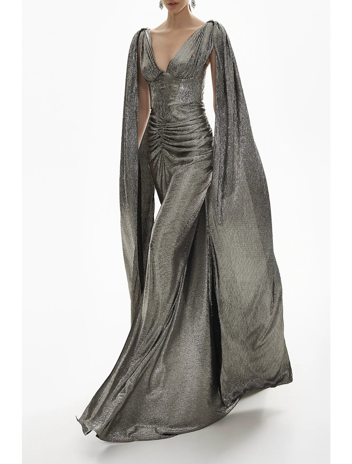 Vestido de noche elegante de sirena/trompeta, vestido formal de otoño, cola larga, cuello en V, lentejuelas y brillo fruncido.