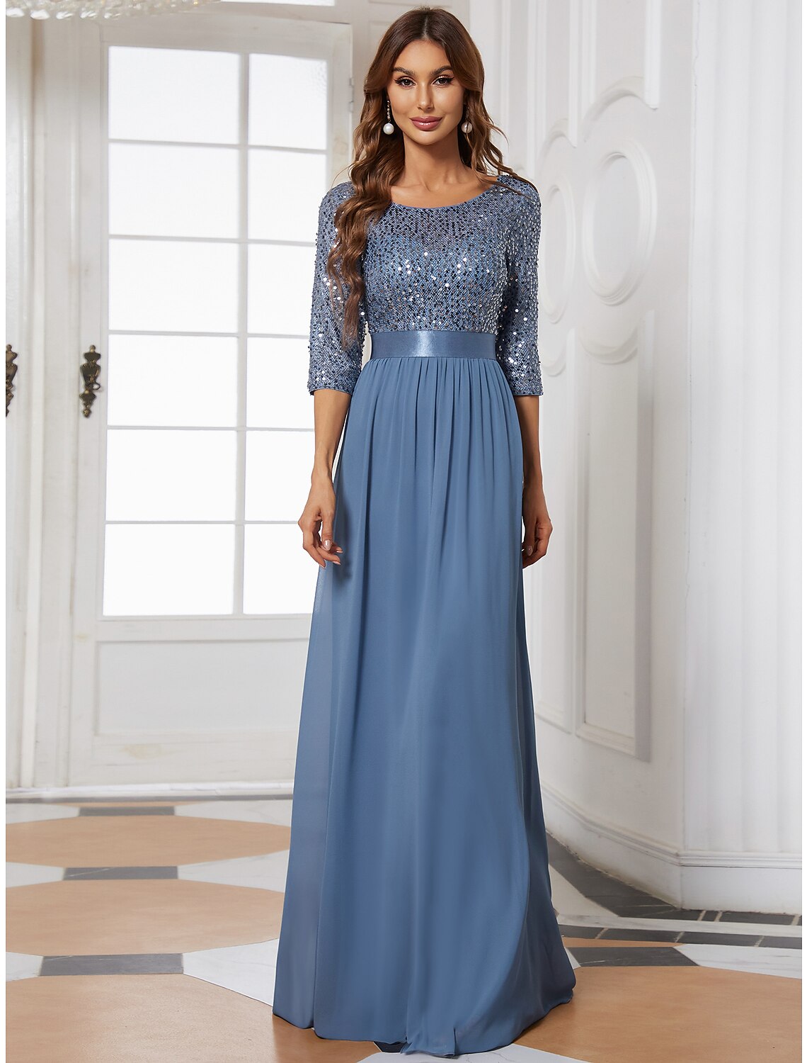Abito da cerimonia per la madre della sposa, a trapezio, elegante, con scollo gioiello, lunghezza al pavimento, in tulle con paillettes, manica a 3/4, con paillettes, taglie forti