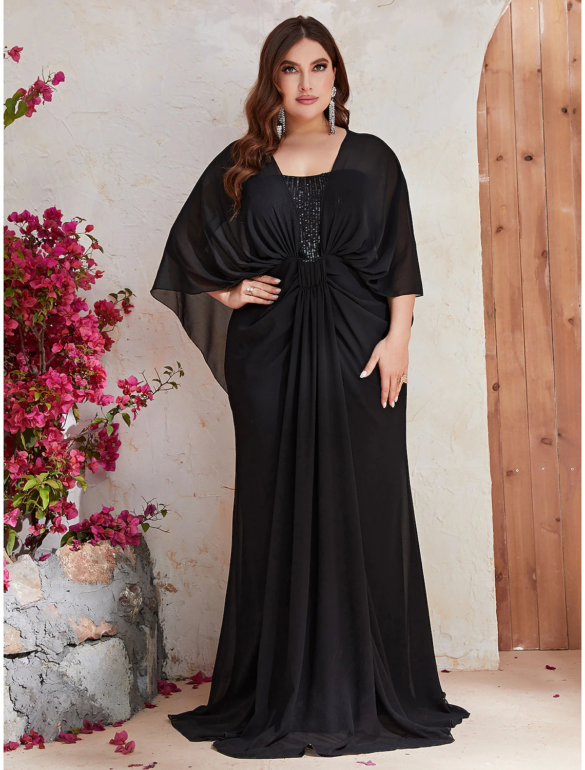 Vestidos de novia de sirena/trompeta para invitada de boda, vestido de talla grande, vestido formal de fiesta de noche, cola larga/cepillo, manga larga, cuello en V, poliéster con chal de lentejuelas