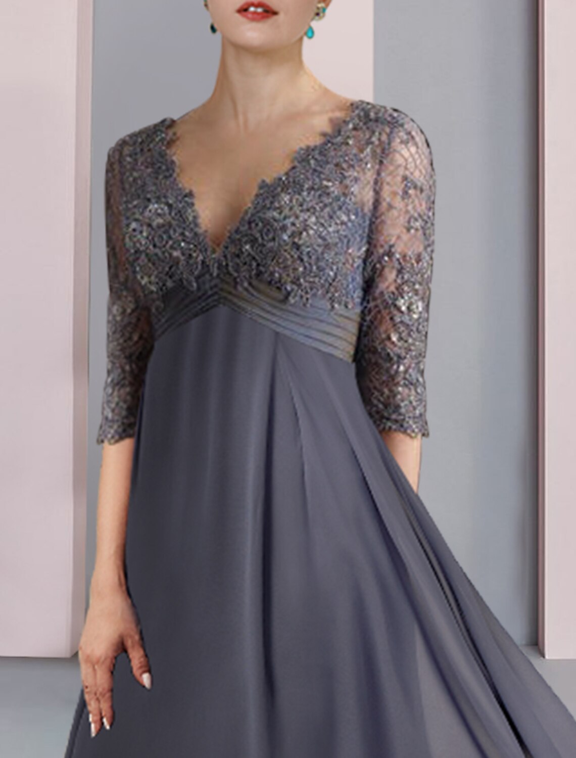 Abito da cerimonia per la madre della sposa, a trapezio, elegante, vintage, con scollo a V, lunghezza tè, in chiffon, pizzo, mezza manica, con applicazioni di perline e paillettes