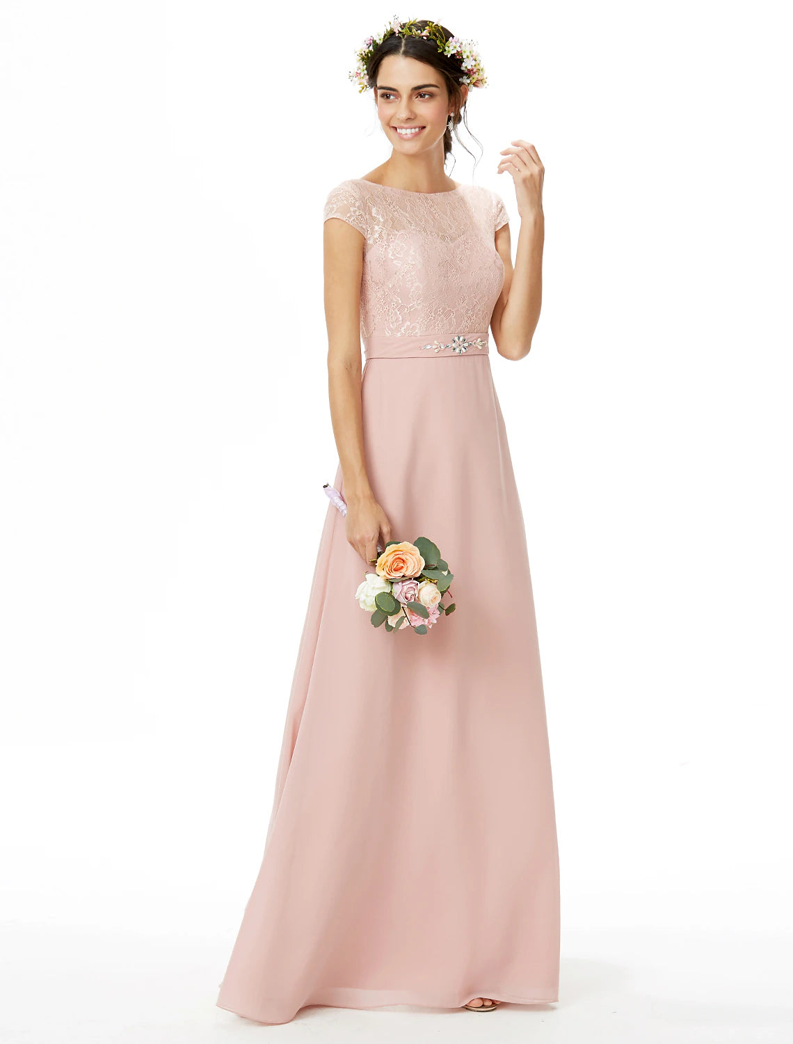 Abito da damigella d'onore a tubino/colonna, scollo a barca, manica corta, elegante, lunghezza pavimento, in chiffon/pizzo con pizzo/fascia/nastro/fiocco/i