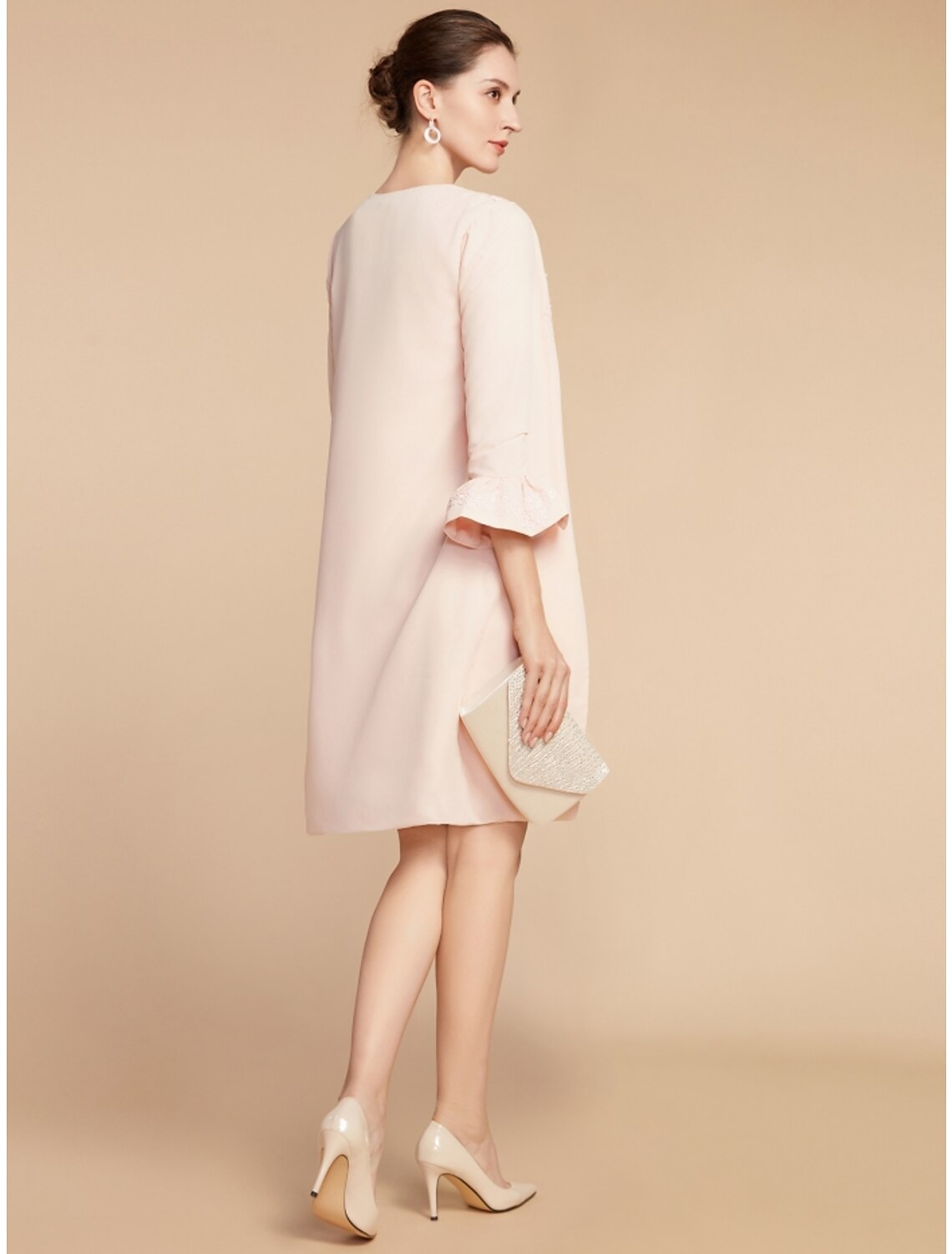 Vestido de dos piezas de corte A para madre de la novia, elegante, estilo invitada de boda, cuello joya, corto/mini, tejido de encaje, manga 3/4 con lazo(s), volantes, color liso