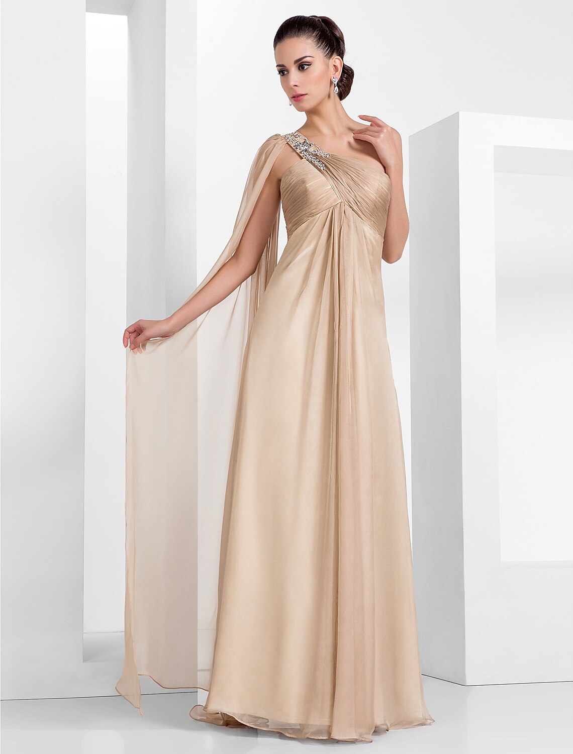 Champagne Chiffon A-Line Floor-Length Evening Dress with One Shoulder & Beaded Strap