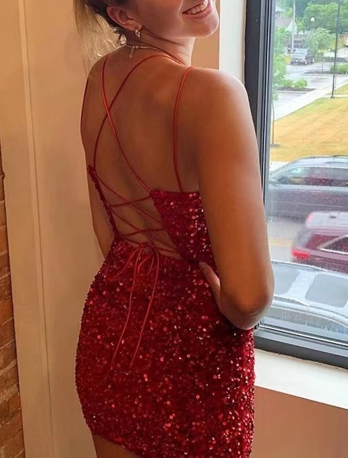 Royal Blue Sequin Short V-Neck Evening Dress with Lace-up Back