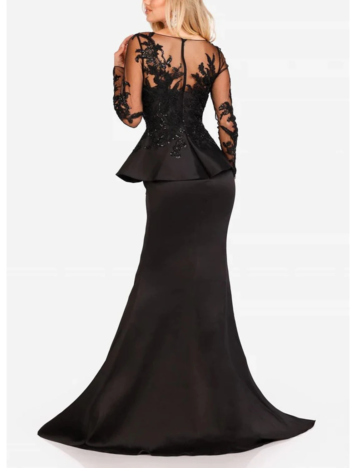 Vestido de noche elegante de sirena/trompeta, vestido formal de graduación, largo hasta el suelo, manga larga, cuello joya, satén con apliques de abertura