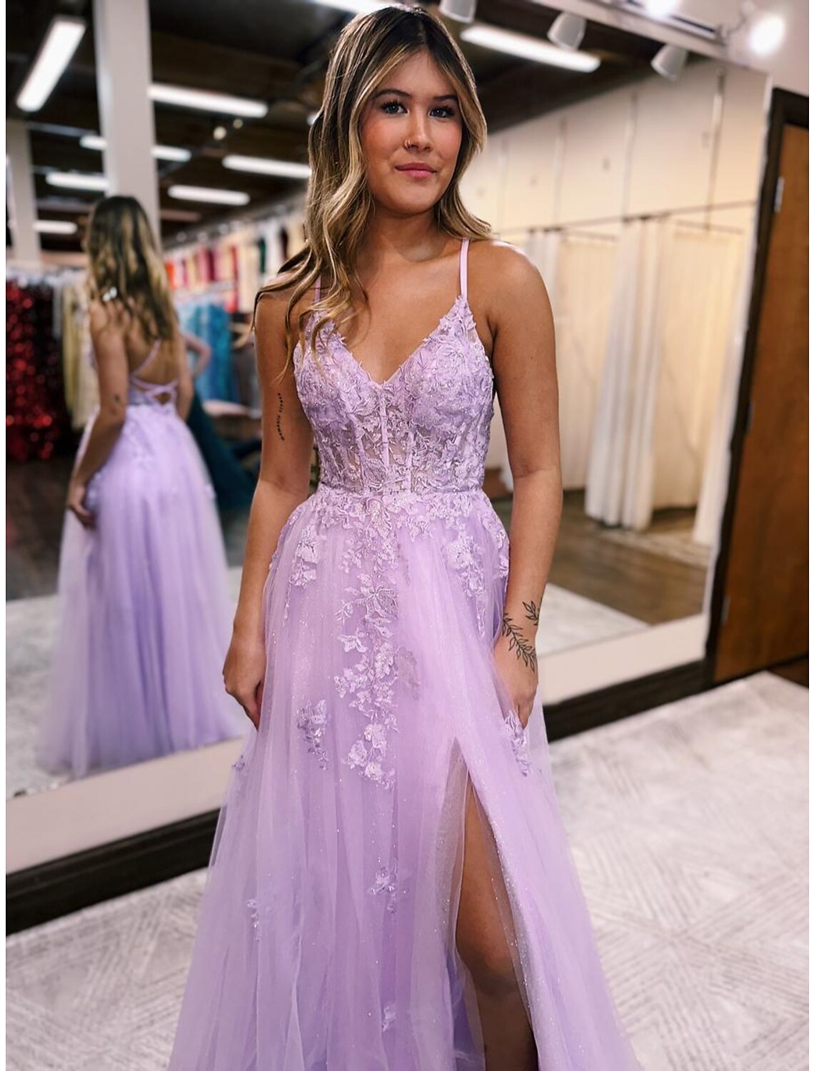 Lavender Tulle A-Line Floor-Length Dress with Lace Appliques and High Slit for Prom & Evening Party