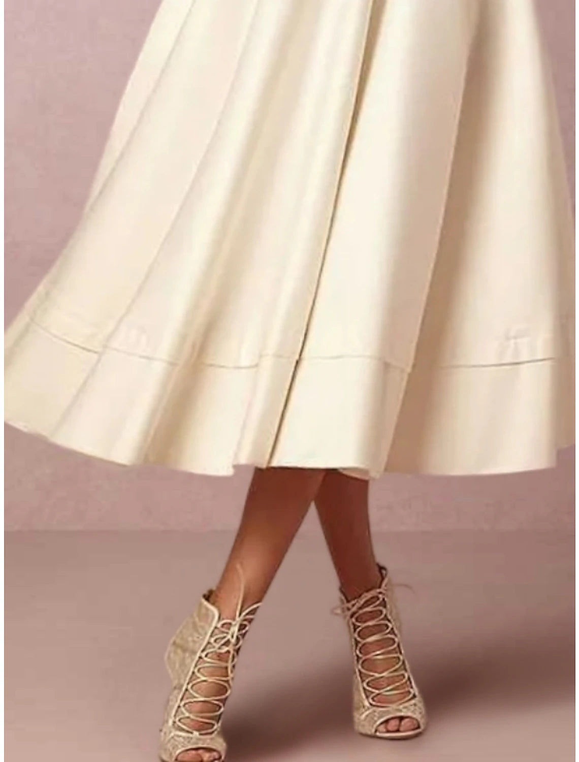Abito da sposa a trapezio, elegante, semplice, con scollo a V, lunghezza tè, in raso, mezza manica, con pieghe e arricciature