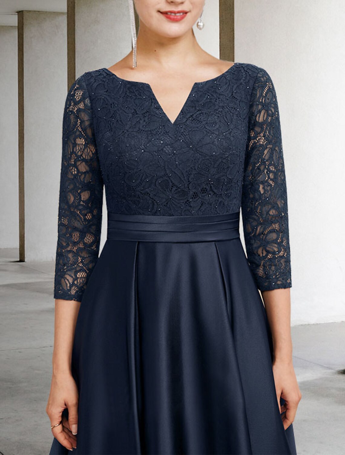Dark Navy Satin A-Line V-Neck Floor-Length Evening Dress with Lace Bodice
