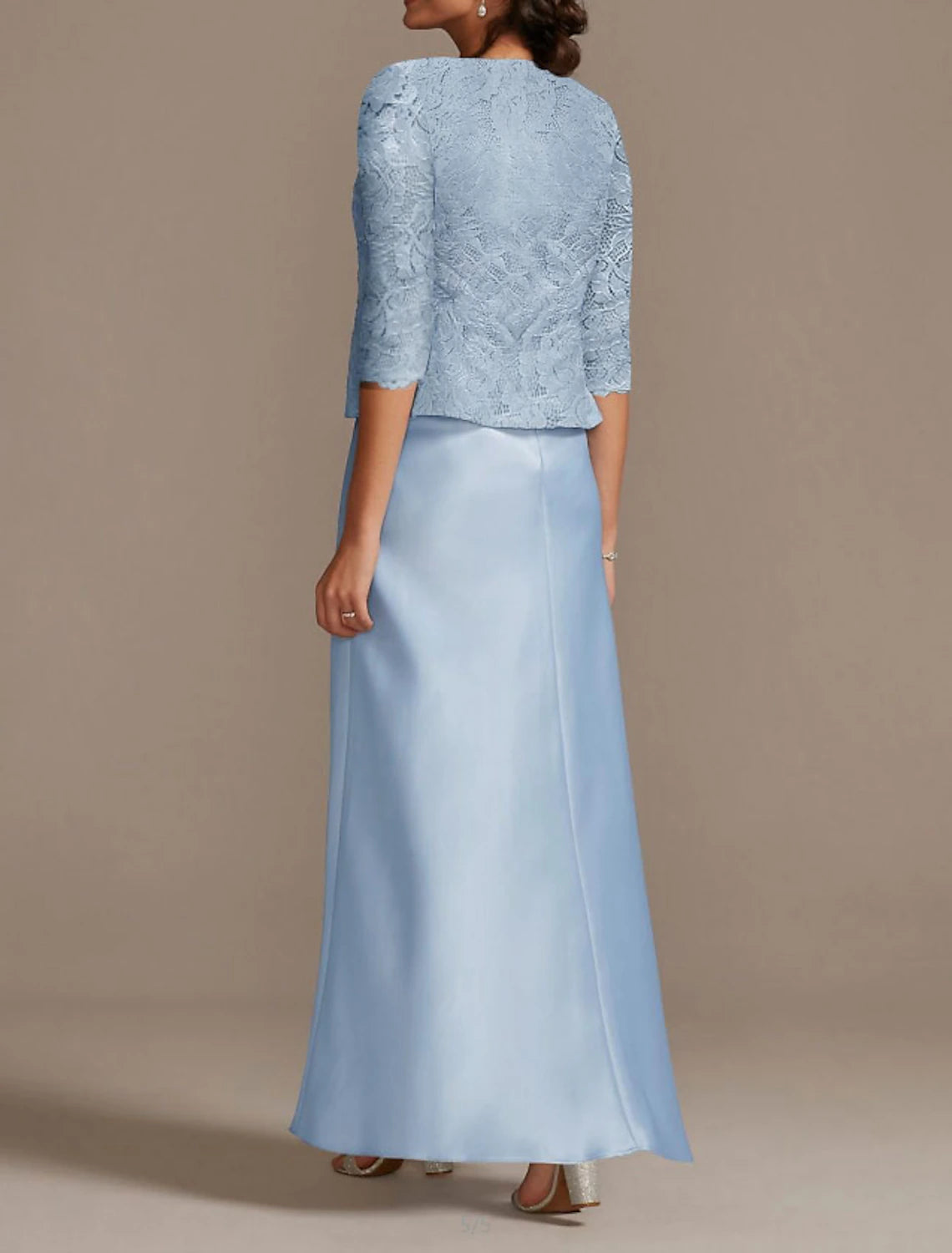 Abito da cerimonia per la madre della sposa, elegante, con scollo a barchetta, lunghezza al pavimento, in poliestere, maniche a 3/4, con giacca corta e pizzo