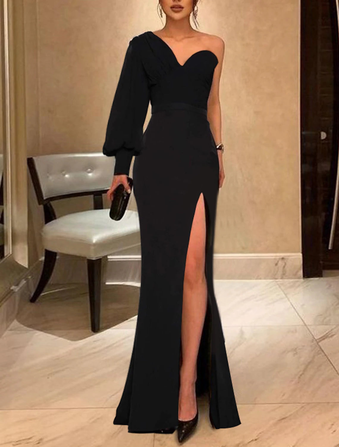 Mermaid / Trumpet Evening Gown Black Dress Dress Wedding Guest Prom Floor Length Long Sleeve One Shoulder  Fabric with Slit 2025
