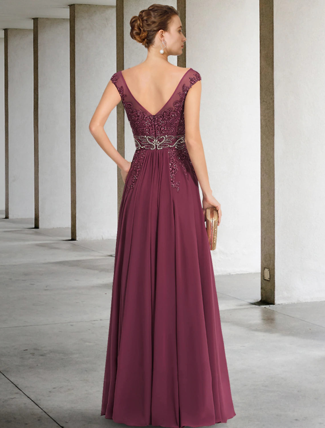 Burgundy Chiffon A-Line Floor-Length V-Neck Gown with Lace Bodice & High Slit