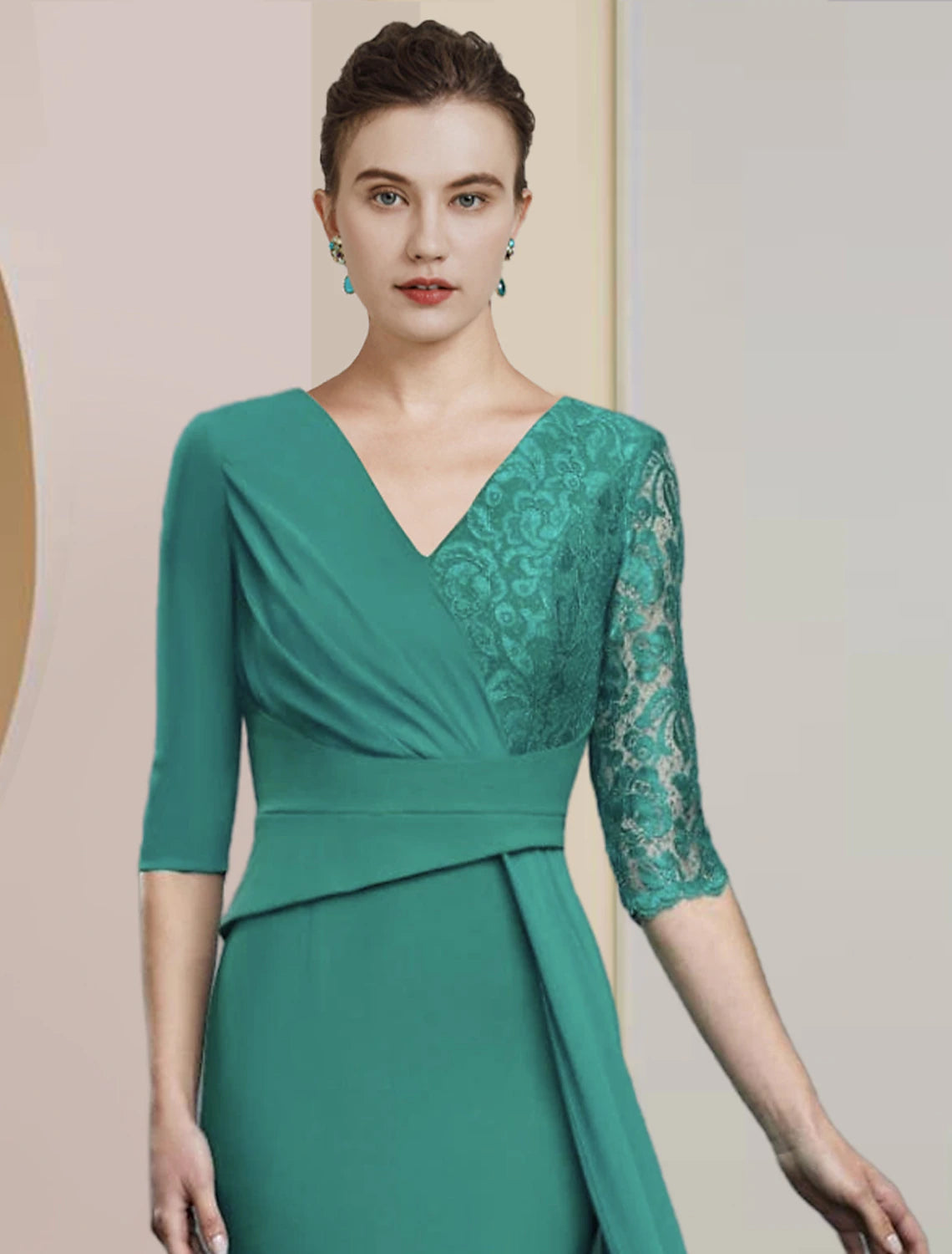 Emerald Chiffon and Lace Sheath/column Floor-Length Dress with V-Neck and Draped Bodice