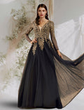Black Long Sleeve Embroidered Tulle A-Line Floor-Length Evening Dress