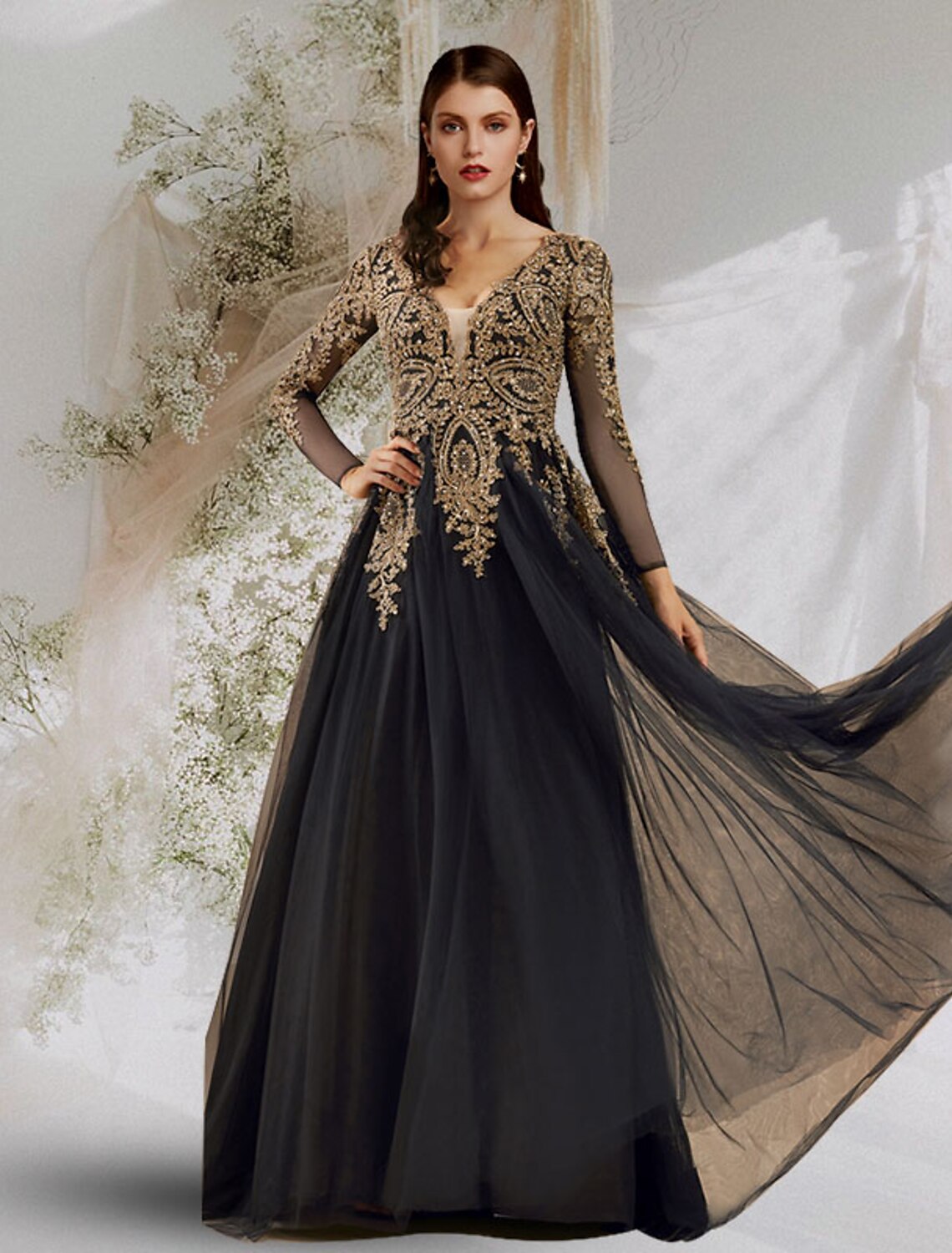 Black Long Sleeve Embroidered Tulle A-Line Floor-Length Evening Dress